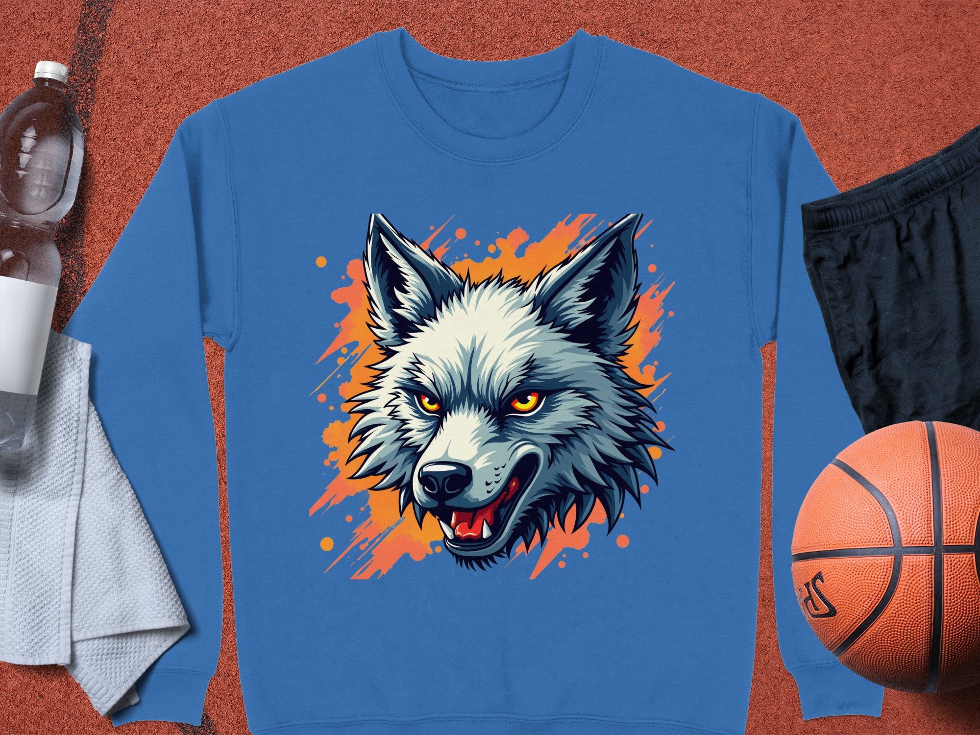 A Garment Graphics blue graffiti-style sweatshirt showcases an illustrated wolf head with orange accents, set among a basketball, black shorts, a towel, and a water bottle on a textured orange surface.