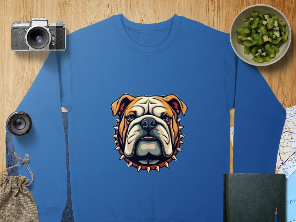 The Garment Graphics blue sweatshirt boasts a bold bulldog graphic with a spiked collar and is perfect for relaxed unisex wear. Its styled alongside items like a camera, lens, kiwi bowl, jute bag, book, and map on wood.