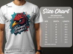 A person wears a white Garment Graphics t-shirt with a red and yellow eagle design. Next to it is a size chart for the classic fit Gildan 5000 heavy cotton t-shirt, available in sizes S to 5XL.