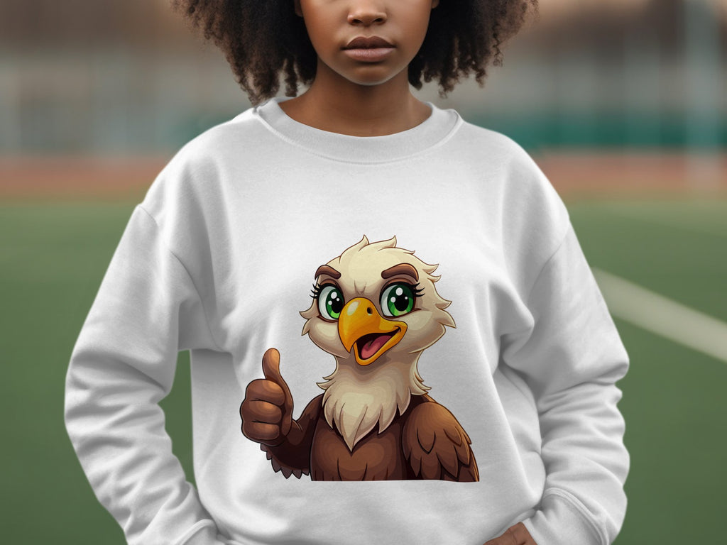Wearing a Garment Graphics unisex sweatshirt, a person stands outside. The design, featuring a cheerful cartoon eagle with big eyes giving a thumbs-up, stands out against the sports field in the background.