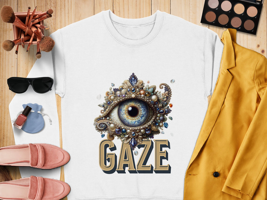 A unisex white graphic sweatshirt from Garment Graphics features an ornate eye design adorned with jewels and pearls above the word GAZE. Its displayed on a wooden surface with makeup items, sunglasses, a gold jacket, pink shoes, and a pouch.