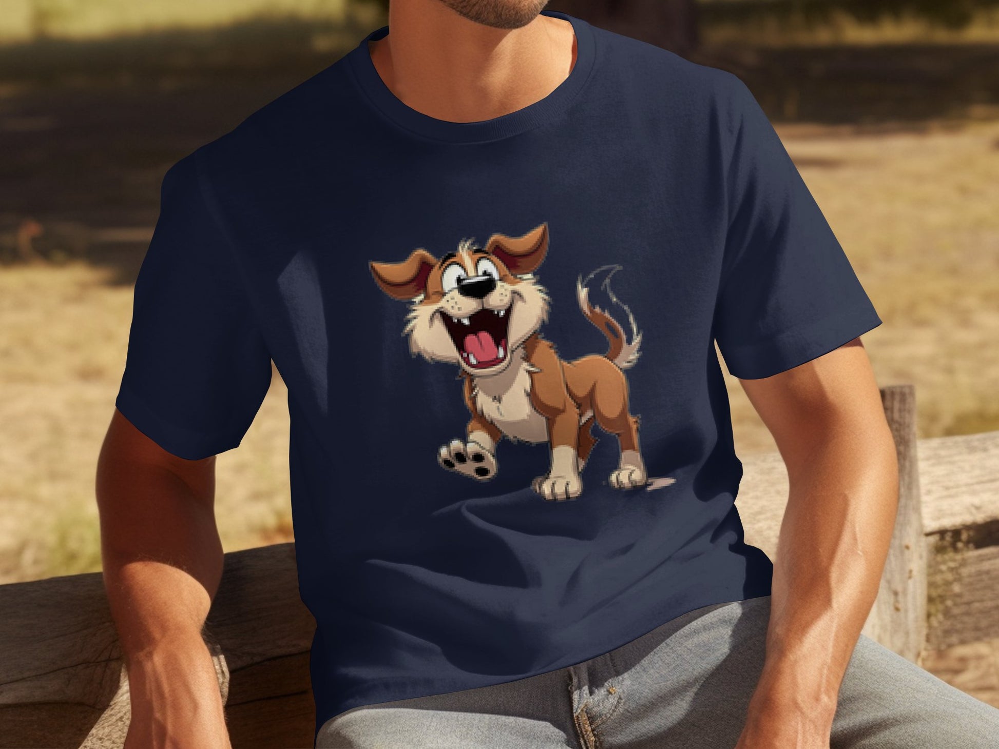 Seated on a wooden bench outdoors, someone wears Garment Graphics navy blue cartoon dog T-shirt. The cheerful dog design features its tongue out and tail wagging—perfect for dog lovers. Blurred grass and trees in the background create a peaceful scene, ideal for family-sized fun.
