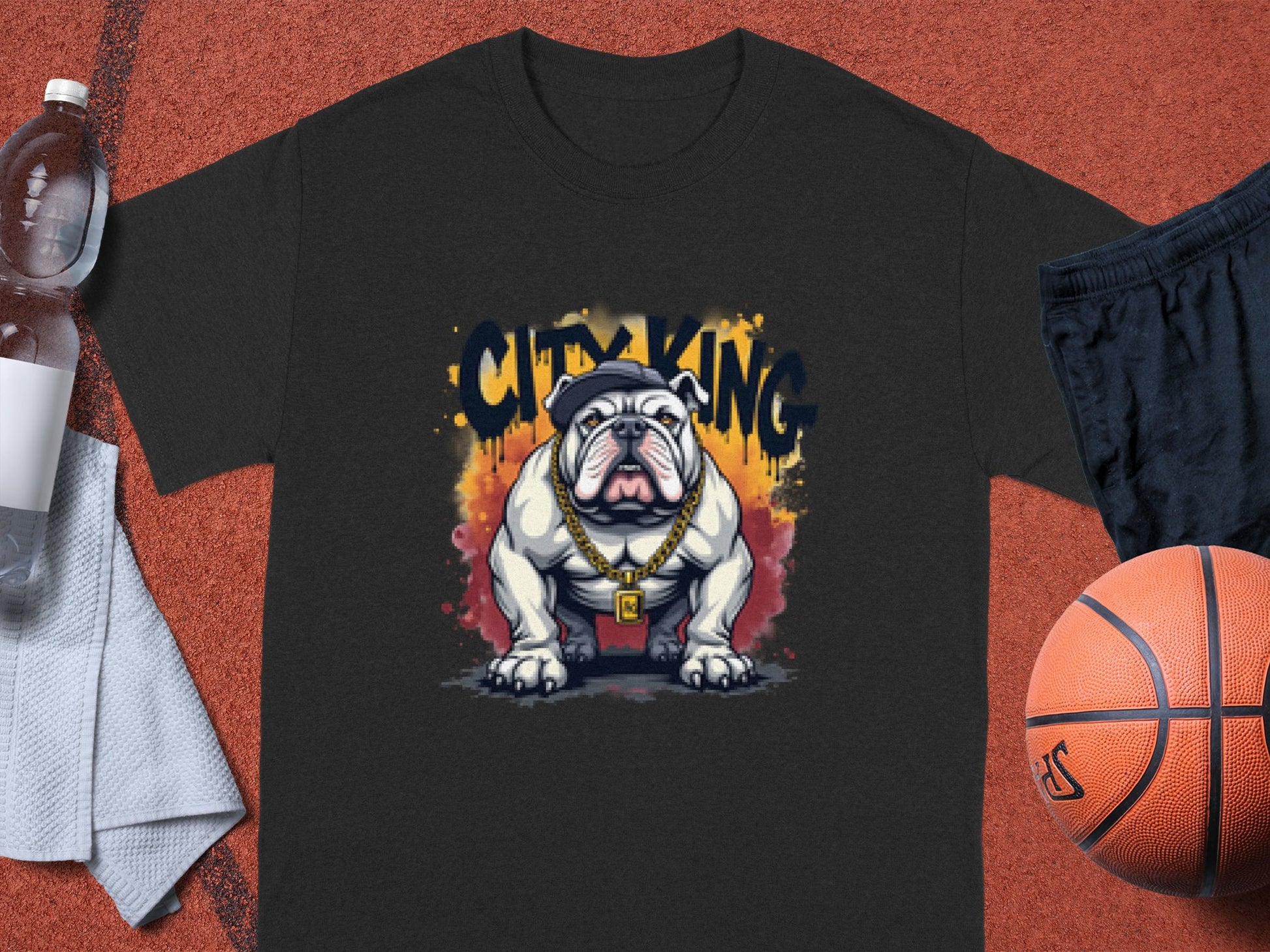 A black City King T-Shirt by Garment Graphics features a bulldog with a gold chain, cap, and sunglasses and is captioned CITY KING. It is placed next to a basketball, shorts, a water bottle, and a towel.