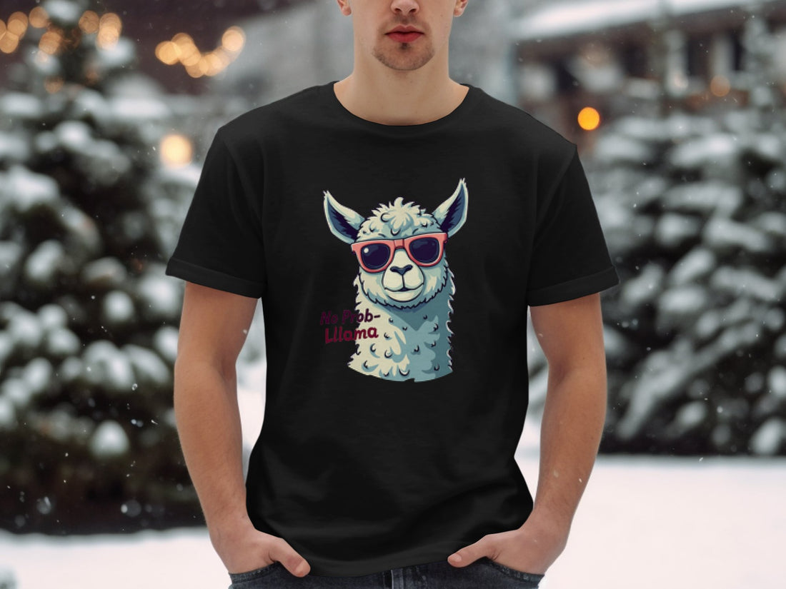 In a grassy field, someone wears a white Garment Graphics Llama T-Shirt featuring a cartoon llama in sunglasses with the text No Prob-Llama. This playful design adds whimsy to any casual outing and is great for matching family outfits.