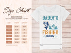 On the left, a size chart for Garment Graphics Gildan 5000L heavy cotton womens fishing shirt lists sizes S to 3XL with width and length in inches. On the right is a t-shirt featuring Daddys Fishing Buddy alongside a fish and boat graphic.