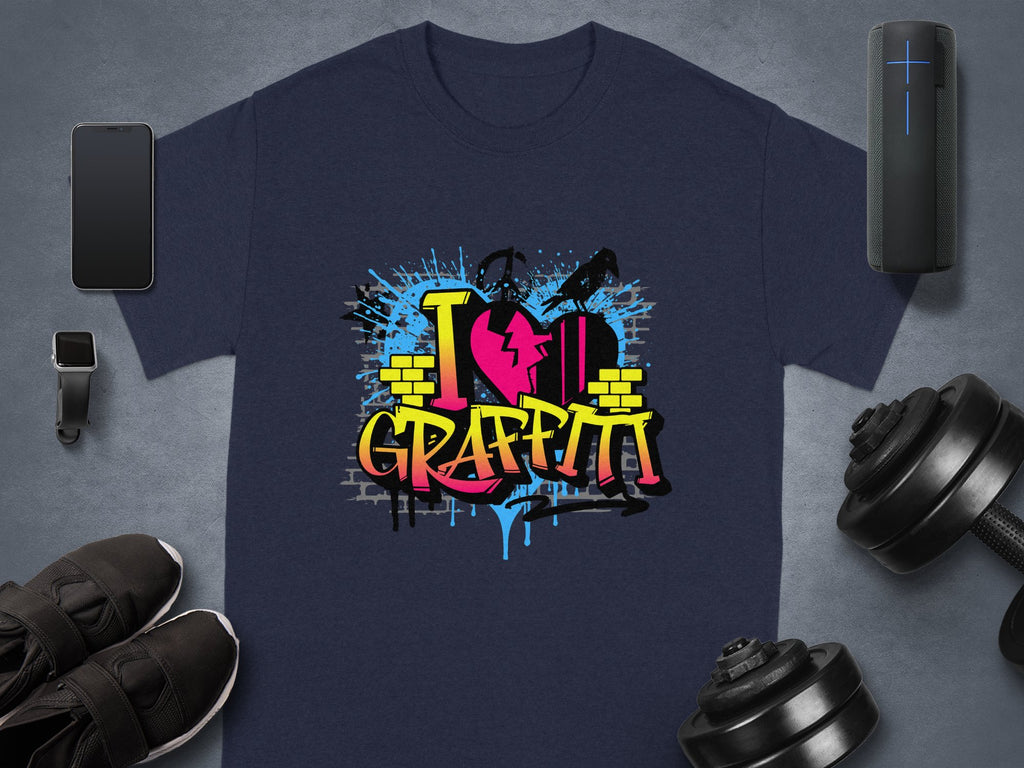 A dark gray T-shirt from Garment Graphics displays a vibrant I Love Graffiti design with a broken heart, paint splatters, and brick elements. Nearby are a smartphone, smartwatch, black shoes, a speaker, and adjustable dumbbells.
