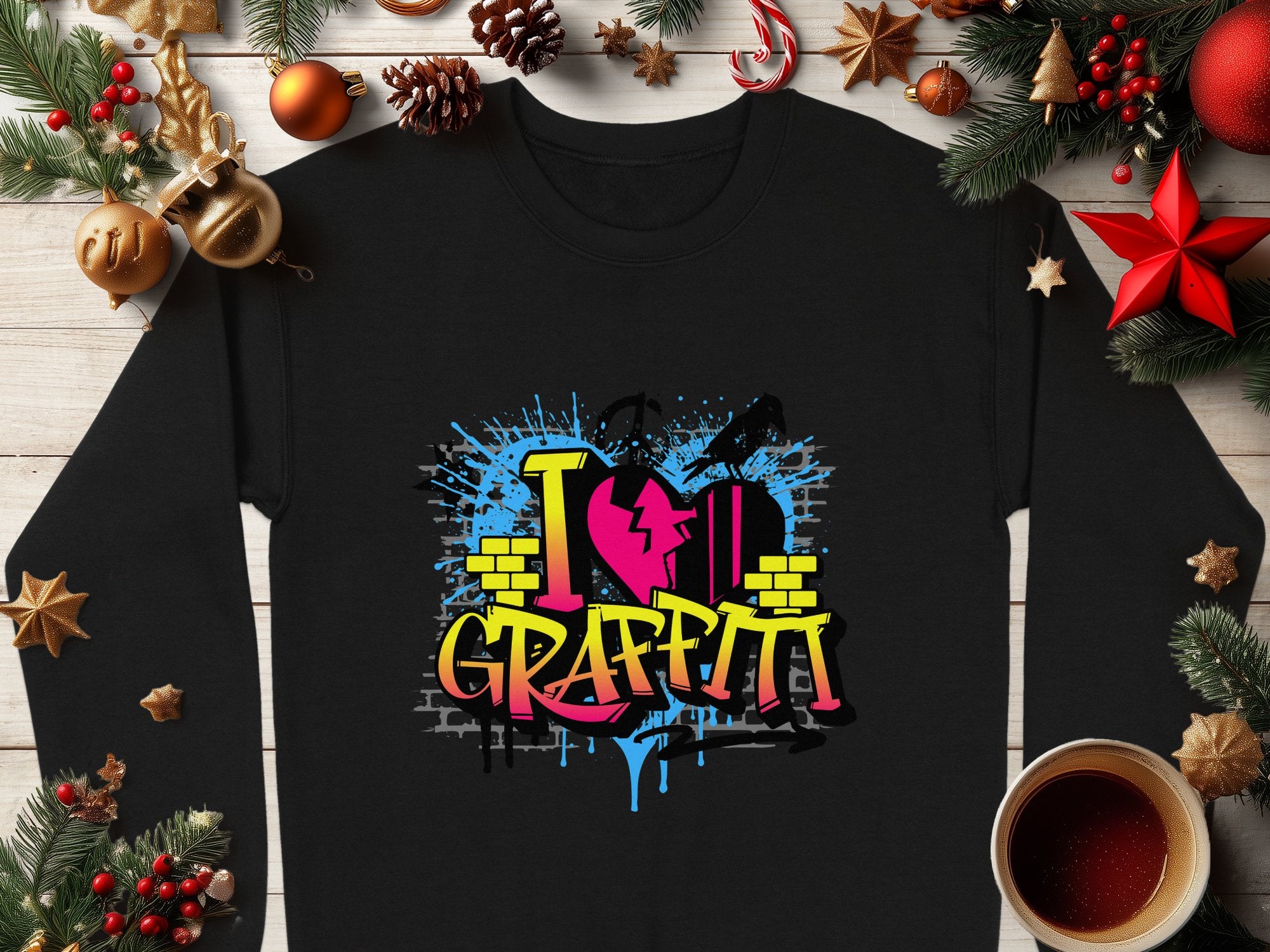 A black Garment Graphics sweatshirt with I ♥ Graffiti in bold, urban design rests on a wooden surface. Encircled by pine cones, ornaments, and a coffee cup, it exudes a festive holiday vibe.