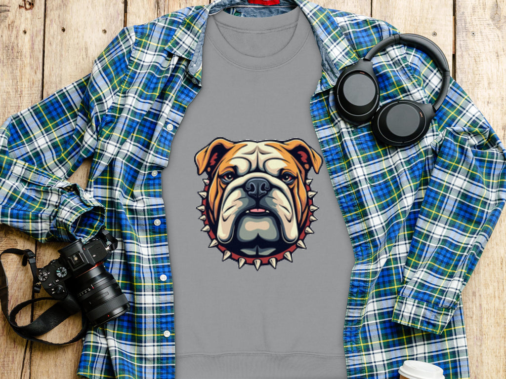 A Garment Graphics gray unisex sweatshirt featuring a bulldog with a spiked collar lies flat, surrounded by a blue and green plaid shirt, headphones, camera, and coffee cup on the wooden surface.