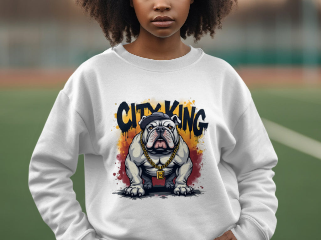 A person wearing a Garment Graphics Bulldog Sweatshirt, showcasing a bulldog with a gold chain and the phrase City King above it, stands against a blurred outdoor background.