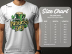A person in a white Garment Graphics Happy Patricks Day T-shirt displays a festive beer mug and shamrocks design. Beside it, the Gildan 5000 heavy cotton size chart (S to 5XL) ensures you find your ideal fit for the festivities.