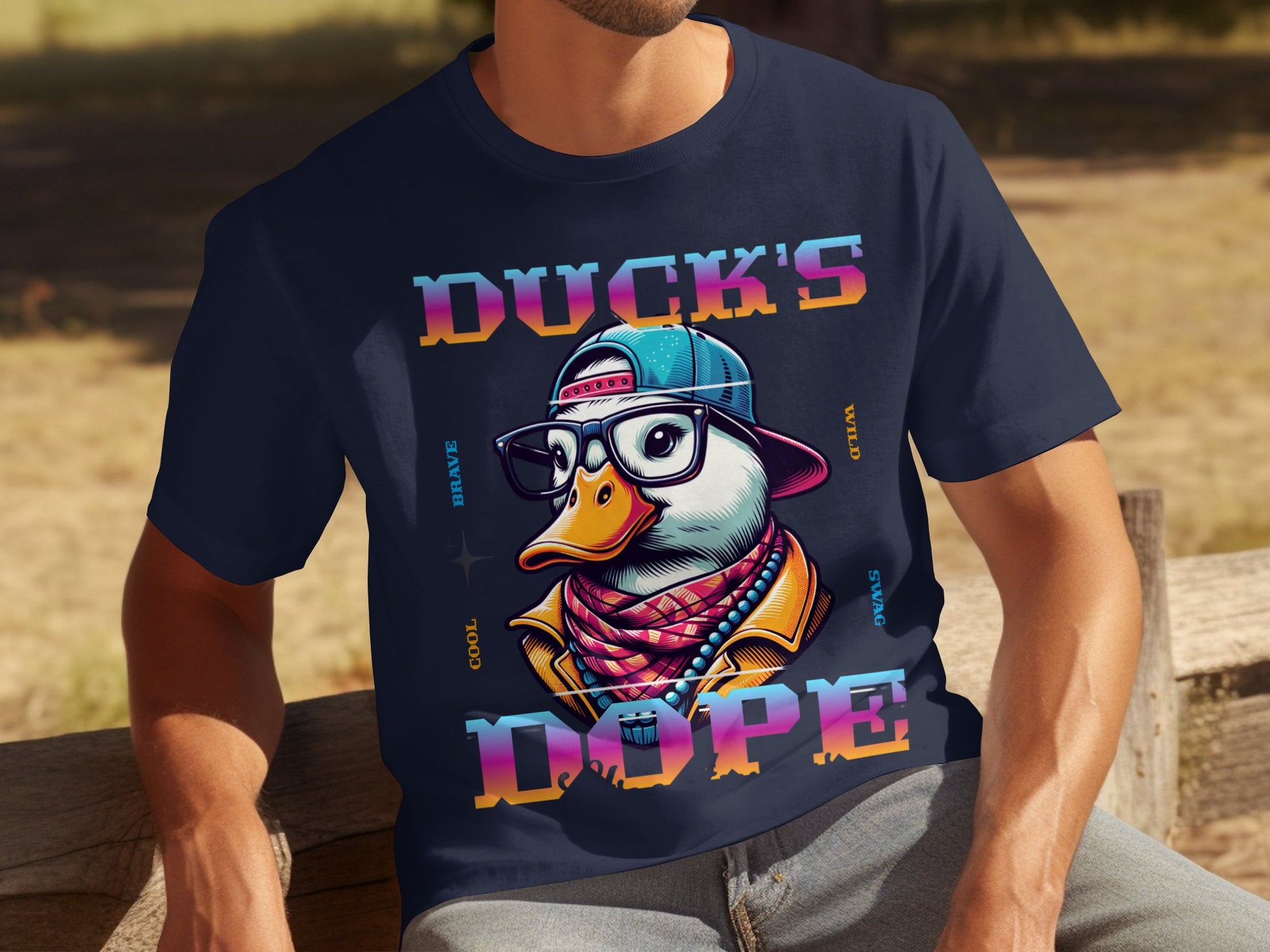 Sporting an intriguing design, a Garment Graphics T-Shirt features a colorful duck in a trendy outfit with glasses and cap. The shirt reads Ducks Dope along with words like Brave and Cool, showcasing its distinctive style.