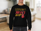 A vibrant individual dons a Garment Graphics black sweatshirt with Music Never Sleeps in yellow and red, featuring a red electric guitar design. Perfect for music fans, its highlighted against a softly blurred indoor scene.