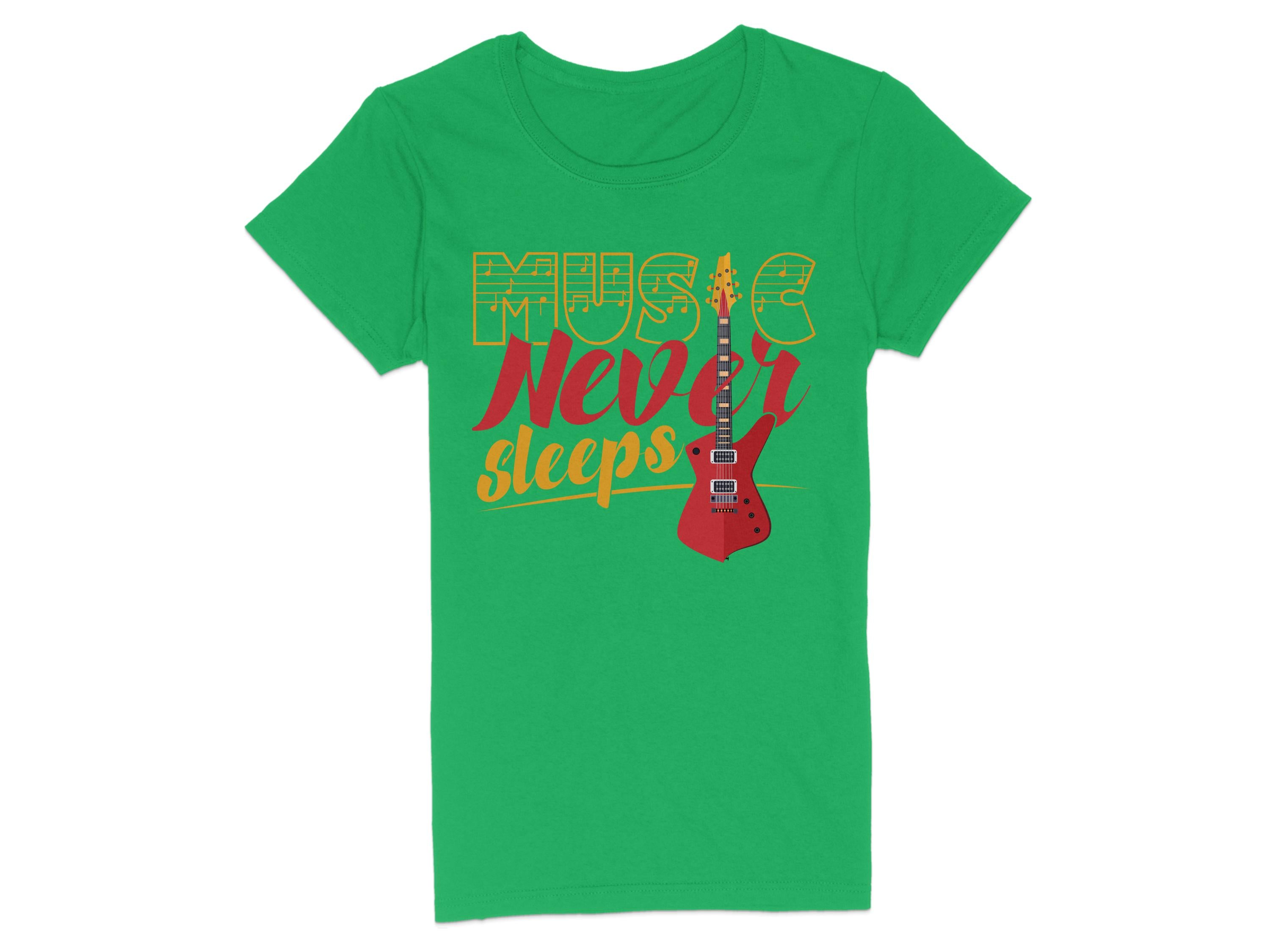 Garment Graphics green guitar T-shirt showcases Music Never Sleeps in bold yellow and red lettering, with a red electric guitar illustration. Ideal for music lovers wanting a distinctive tee that embodies endless rhythm.