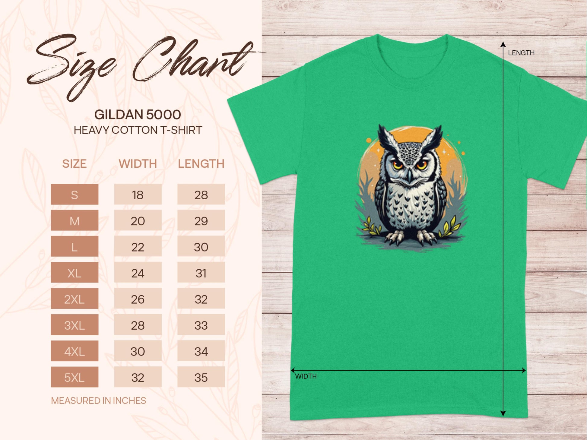 The Garment Graphics green T-shirt showcases an owl graphic with artistic flair on a yellow-orange circle. It includes a Gildan 5000 heavy cotton size chart for sizes S to 5XL, with measurements in inches, set against a light wood background.