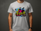 A person wears a Garment Graphics light gray t-shirt with vibrant graffiti, featuring I Love Graffiti, a silhouette of someone with a spray can, abstract splashes, and a heart shape—embodying Graffiti Love T-Shirts.