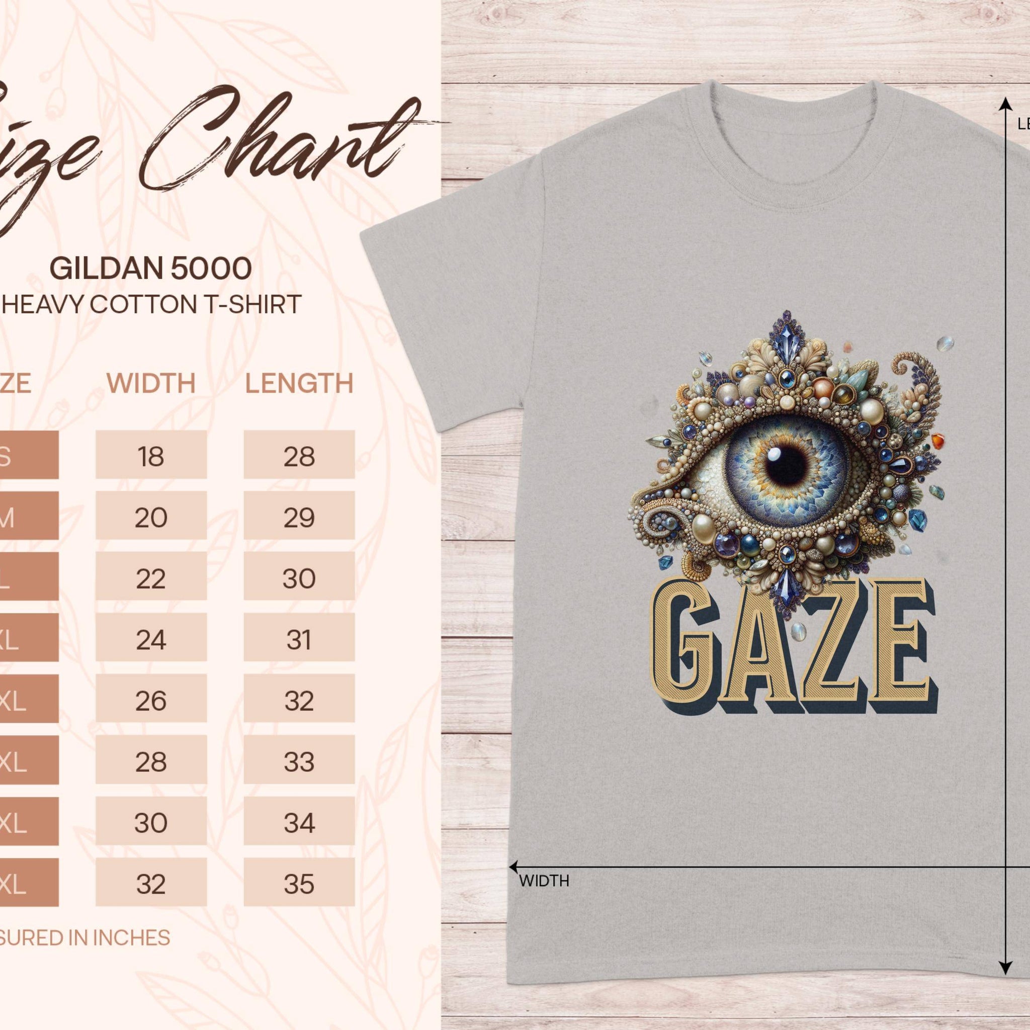 The Garment Graphics classic fit Gildan 5000 heavy cotton t-shirt features an eye illustration above GAZE and includes a size chart with measurements for sizes S to 5XL.