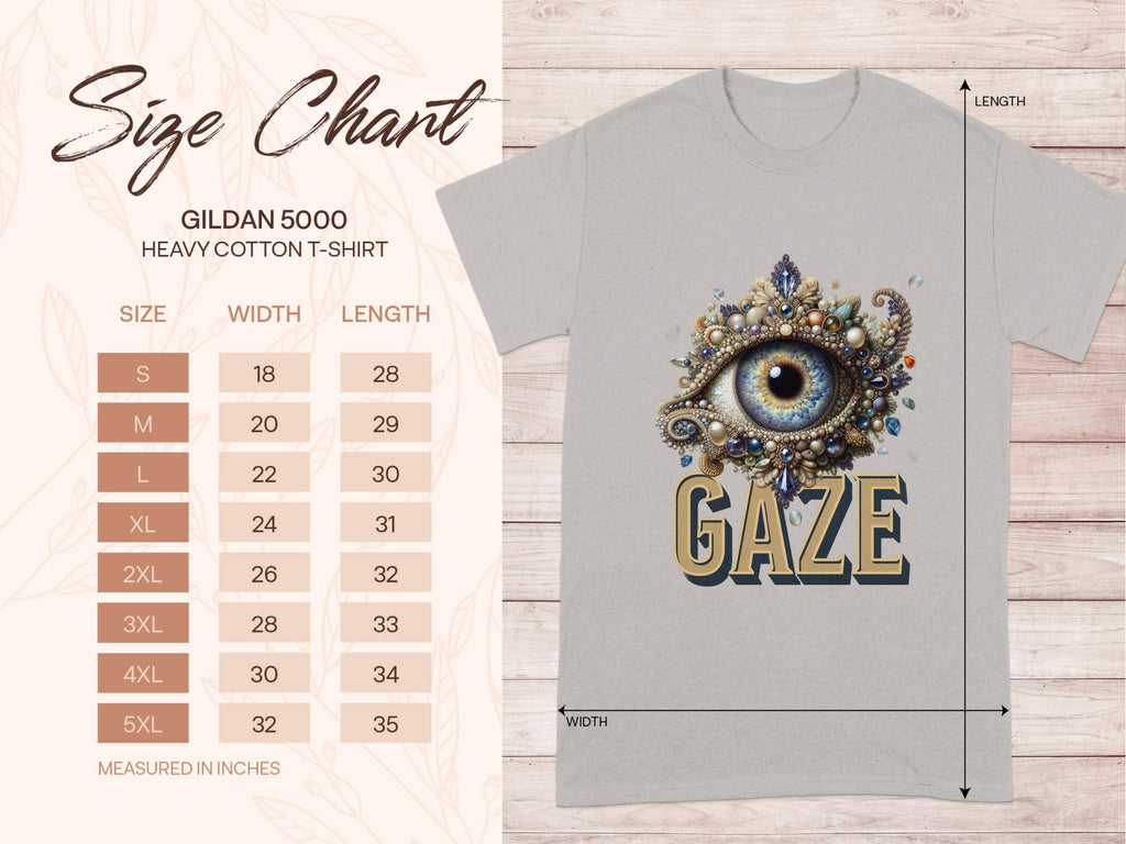 The Garment Graphics classic fit Gildan 5000 heavy cotton t-shirt features an eye illustration above GAZE and includes a size chart with measurements for sizes S to 5XL.