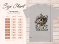 The Garment Graphics classic fit Gildan 5000 heavy cotton t-shirt features an eye illustration above GAZE and includes a size chart with measurements for sizes S to 5XL.