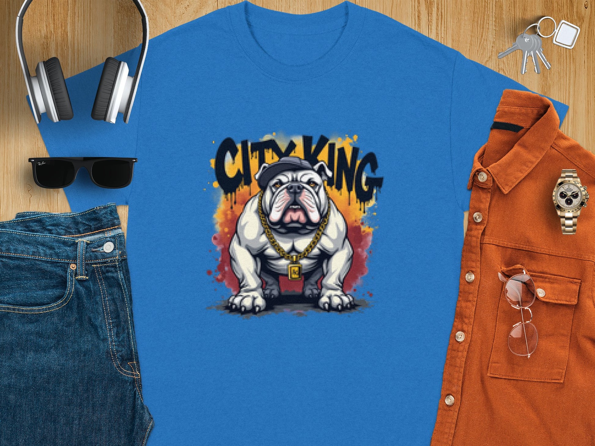 Garment Graphics blue T-shirt with the exclusive City King bulldog design is shown with sunglasses, jeans, headphones, watch, an orange button-up shirt, and keys on wood. Its a bold style statement for those who dare to stand out.