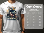 A person wears a Garment Graphics white T-shirt featuring a large truck graphic and Keep on Trucking text. Ideal for truck fans, it comes in S to 5XL sizes with width and length details available for the Gildan 5000 heavy cotton T-Shirts.