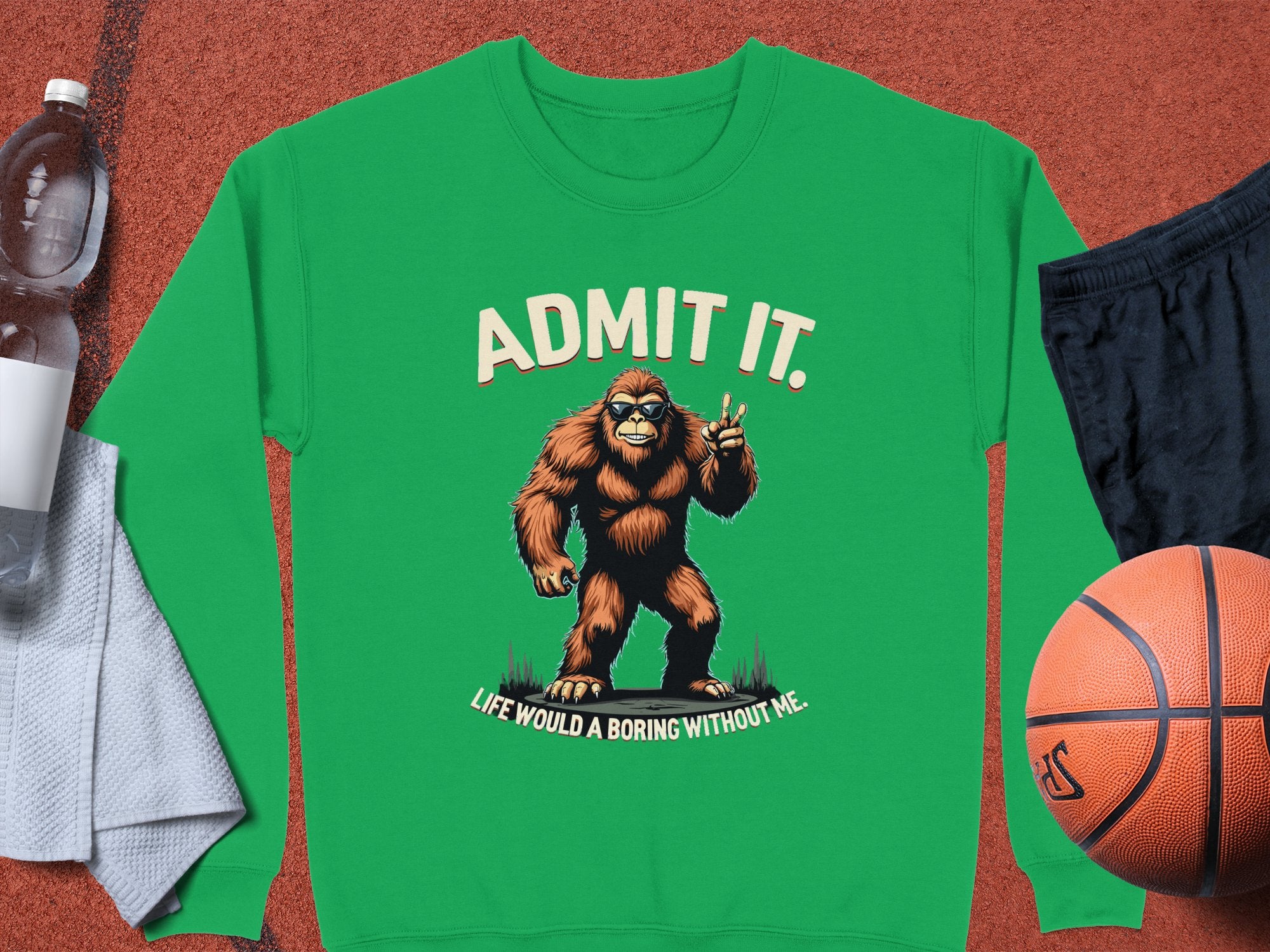 A green Garment Graphics Admit It sweatshirt with a bold Bigfoot graphic and the text Admit It. Life Would Be Boring Without Me. is laid flat on an orange surface, accompanied by a basketball, black shorts, a water bottle, and a white towel—an ultimate statement piece.