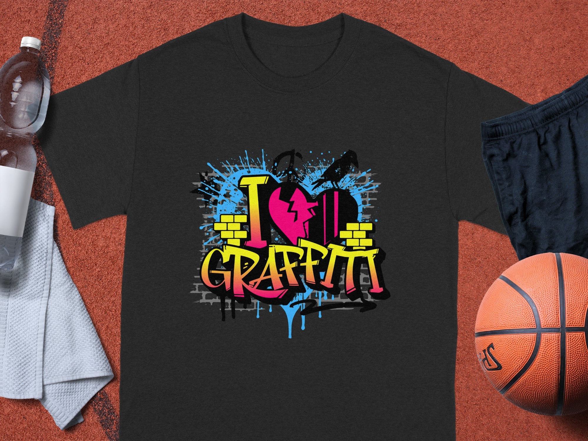 A black Garment Graphics t-shirt with I ♥ Graffiti in bold graffiti-style lettering rests on a textured surface, accompanied by a basketball, black shorts, water bottle, and white cloth—capturing the essence of street art and Graffiti Love T-Shirts.
