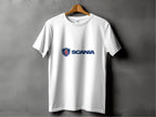 A white cotton T-shirt from Garment Graphics hangs on a wooden hanger against a gray background, proudly displaying the Scania logo with the iconic griffin emblem and bold blue text, ideal for Scania fans.