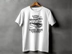 A white classic fit t-shirt by Garment Graphics showcases a black vintage car graphic and text like Classic Vintage Car Club, Classic Garage Old School Automotive, Retro Style, and Est. 74, ideal for retro automotive enthusiasts.