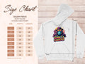 Next to the size chart for Garment Graphics Gildan 18500 hooded sweatshirt, a streetwear-style white hoodie displays colorful gorillas, one with a hat and sunglasses, and the text Gorilla Gangster. Sizes range from S to 5XL in inches.