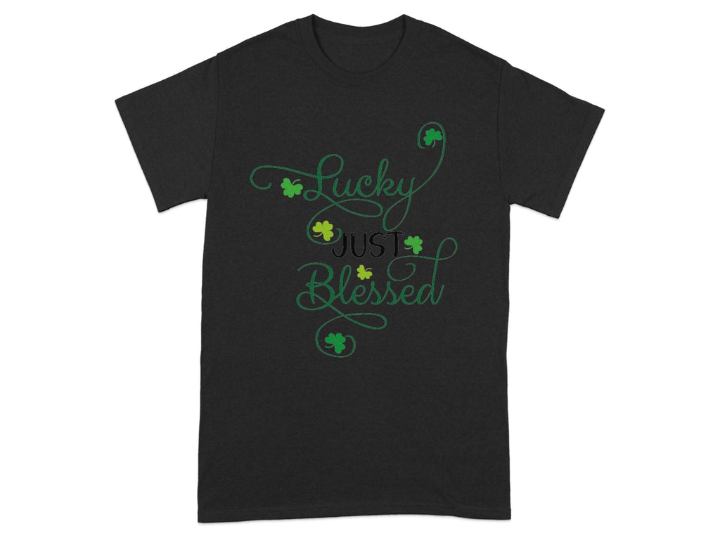 The Royal Mail - 24 Tracked Graphic T-Shirt features Lucky Just Blessed in sleek green and white lettering. With a Classic Fit, it includes tiny shamrocks around the text, adding a playful vibe ideal for casual wear.