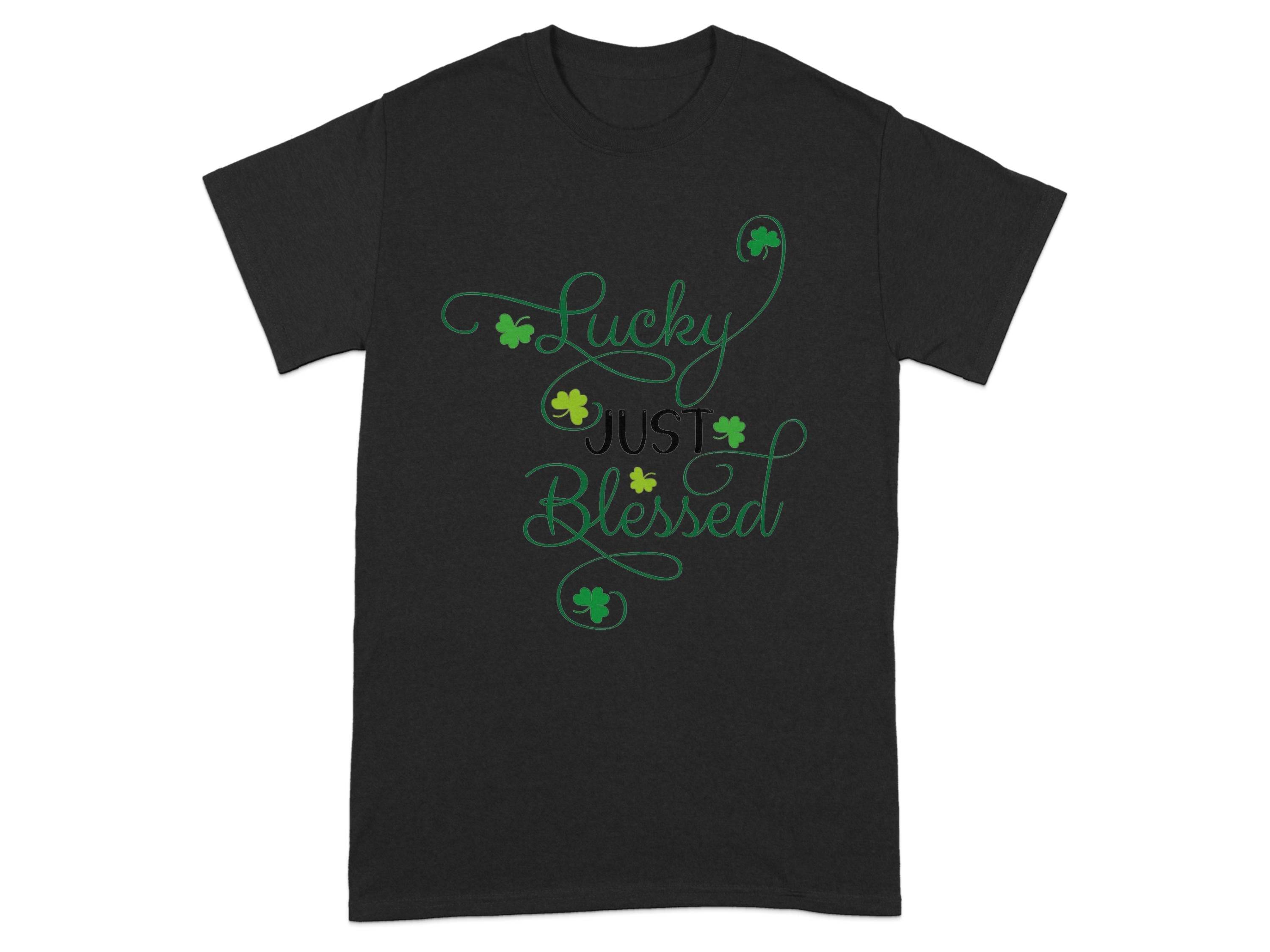 The Royal Mail - 24 Tracked Graphic T-Shirt features Lucky Just Blessed in sleek green and white lettering. With a Classic Fit, it includes tiny shamrocks around the text, adding a playful vibe ideal for casual wear.