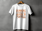A stylish Garment Graphics T-shirt hangs on a gray wall, displaying the motivational phrase Running on grace & coffee in elegant brown lettering.