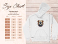 Image of a size chart for Garment Graphics Gildan 18500 heavy blend hooded sweatshirts with a bold bulldog design. Sizes range from S to 5XL, showing width and length measurements. A hoodie with a spiked collar bulldog graphic on the right includes dimensions.