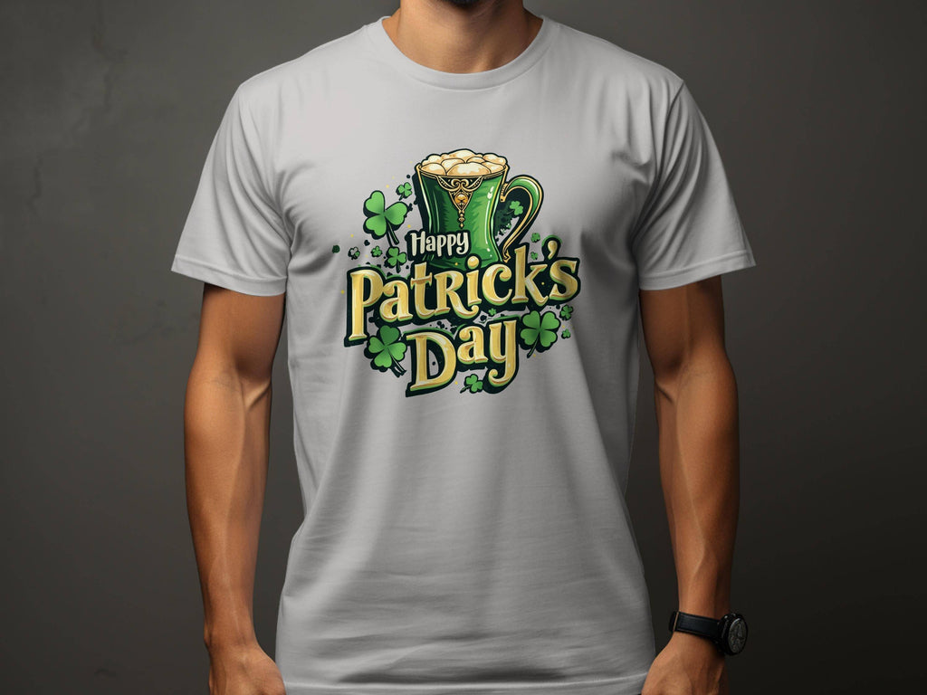 A person proudly sports a Garment Graphics statement white T-shirt adorned with a green beer mug and shamrocks. With the text Happy Patricks Day, it’s perfect for celebrating in style.