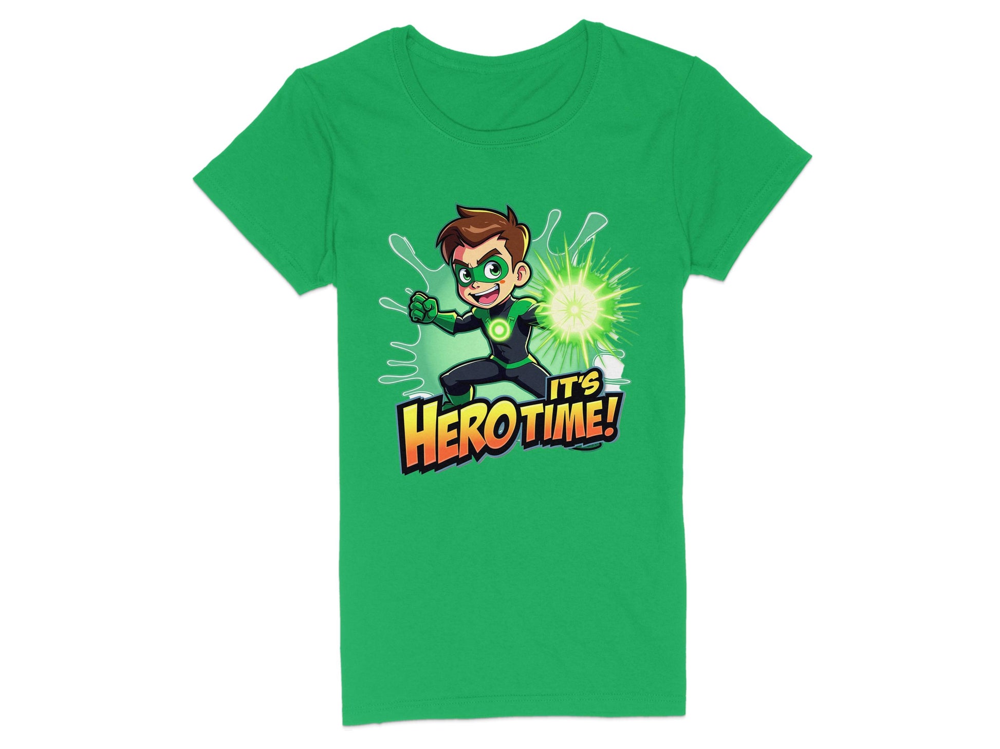 The Garment Graphics green T-shirt showcases an animated character with brown hair in a superhero pose, surrounded by green energy, and the bold yellow and orange text Its Hero Time! beneath the dynamic design. Embrace a colorful wardrobe with this vibrant tee.