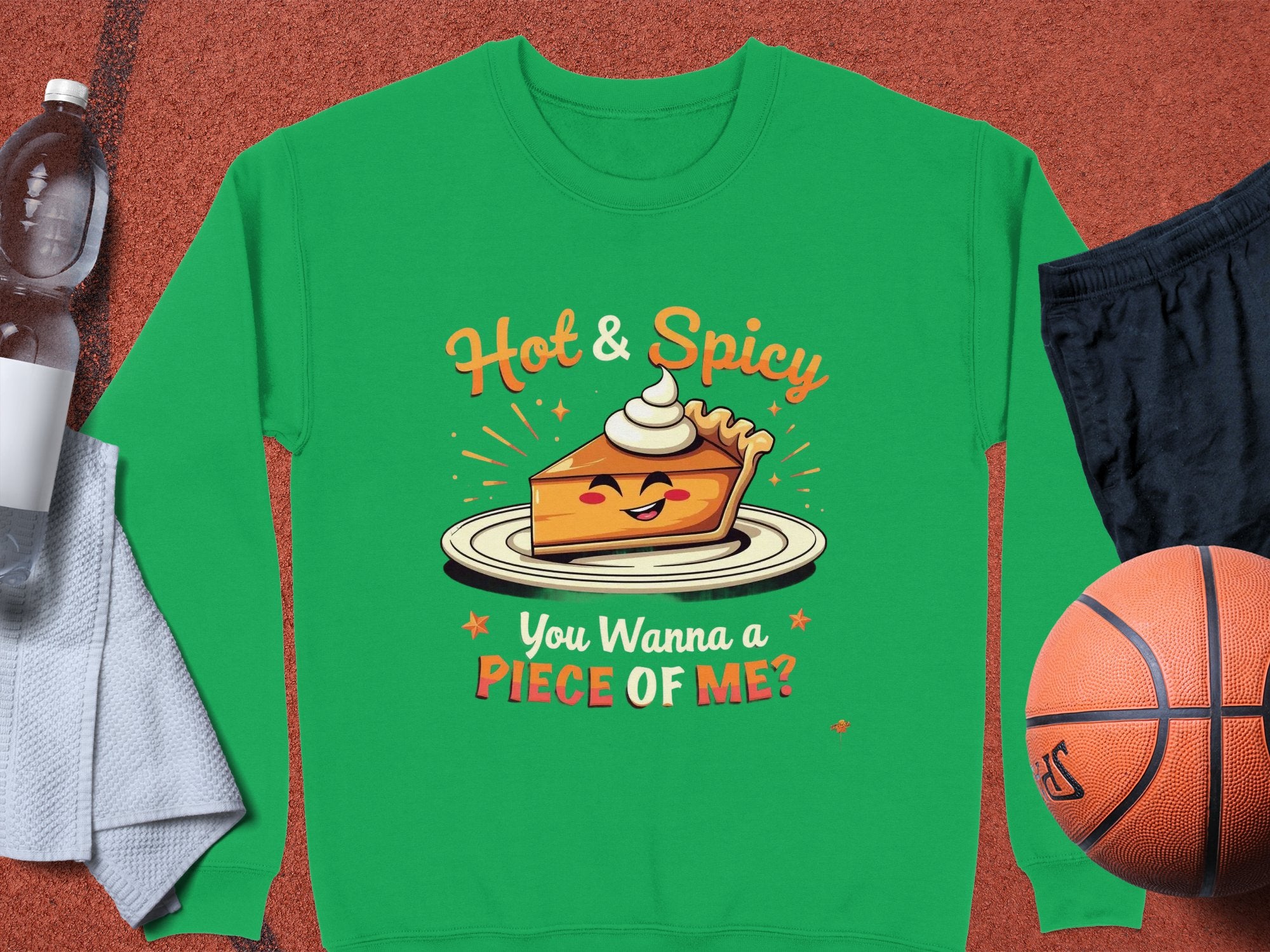 Garment Graphics presents a green Hot & Spicy sweatshirt featuring a playful pie character with eyes and a cheeky grin, asking, You Wanna a Piece of Me? This unisex piece is paired with essentials like a water bottle, towel, shorts, and basketball.