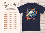 The size chart for Garment Graphics Gildan 5000 heavy cotton T-Shirts (sizes S-5XL) is on the left. On the right, a dark shirt features a wolf graphic with orange accents, ideal for fearless personalities. Width and length measurement guides are included.