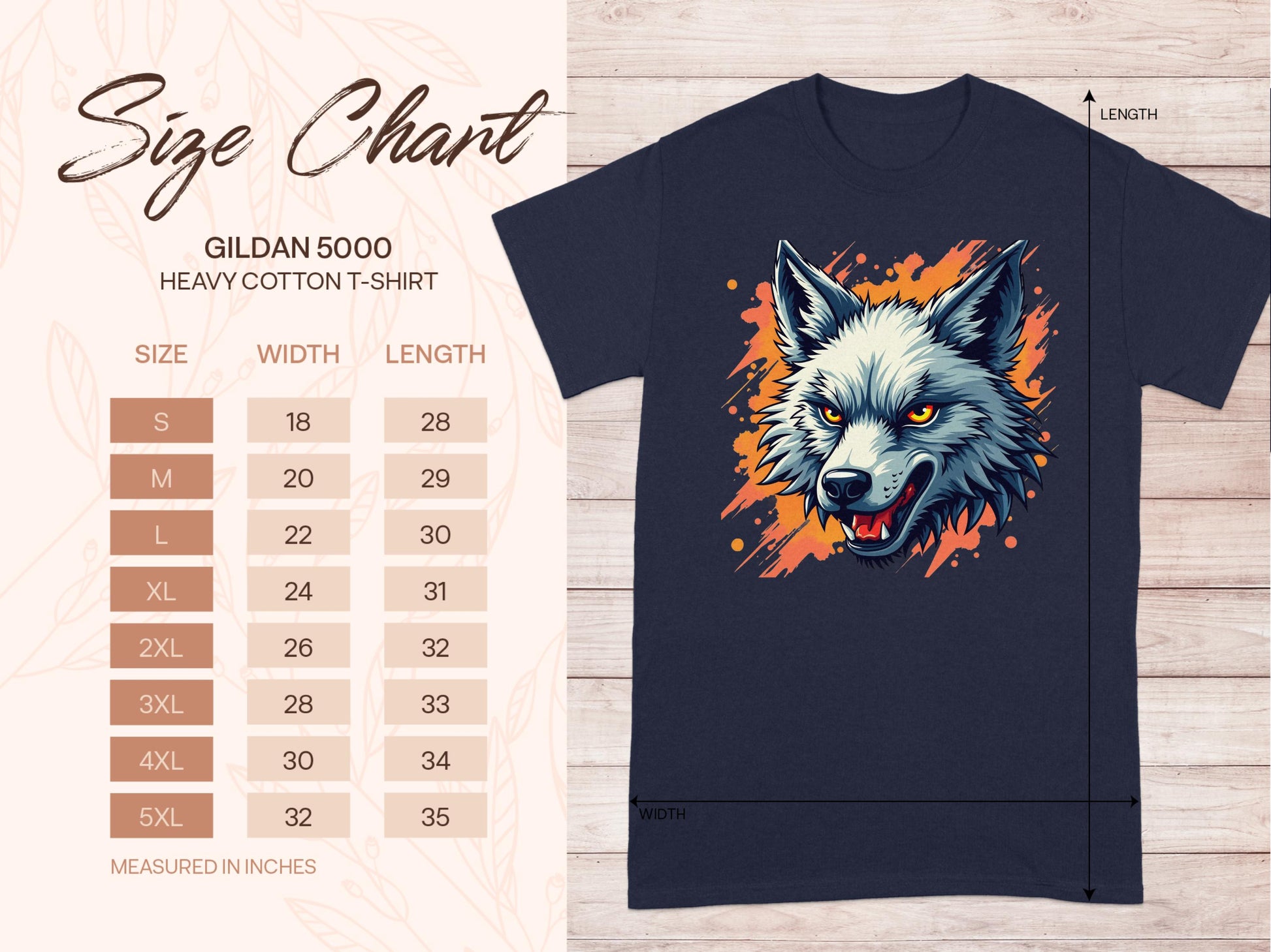 The size chart for Garment Graphics Gildan 5000 heavy cotton T-Shirts (sizes S-5XL) is on the left. On the right, a dark shirt features a wolf graphic with orange accents, ideal for fearless personalities. Width and length measurement guides are included.
