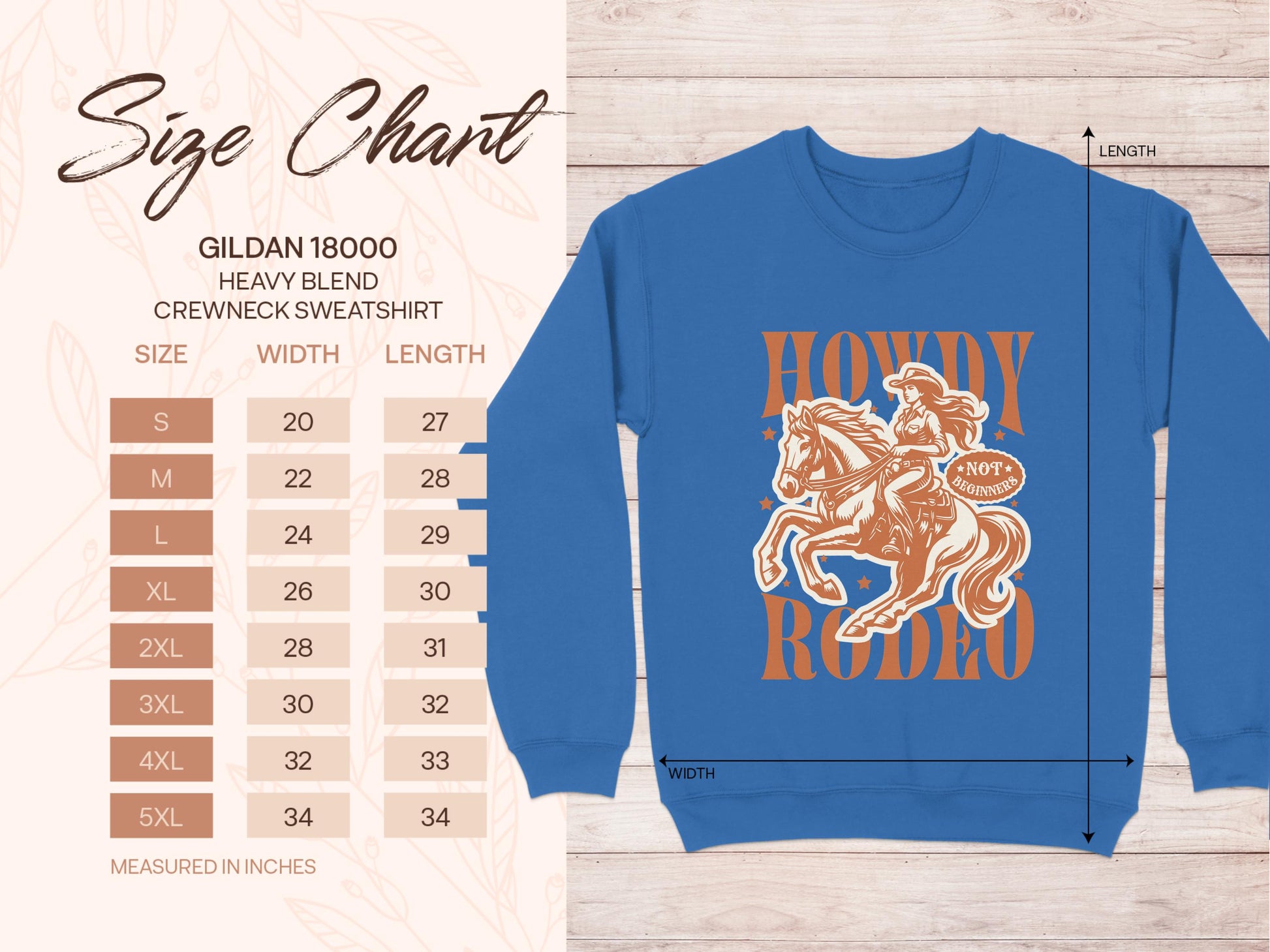 The Howdy Rodeo blue crewneck sweatshirt by Garment Graphics features a cowboy on a bucking horse. Unisex sizes S to 5XL are available, with detailed measurements in inches provided on the size chart. Made from Gildan 18000 heavy blend for enduring comfort.