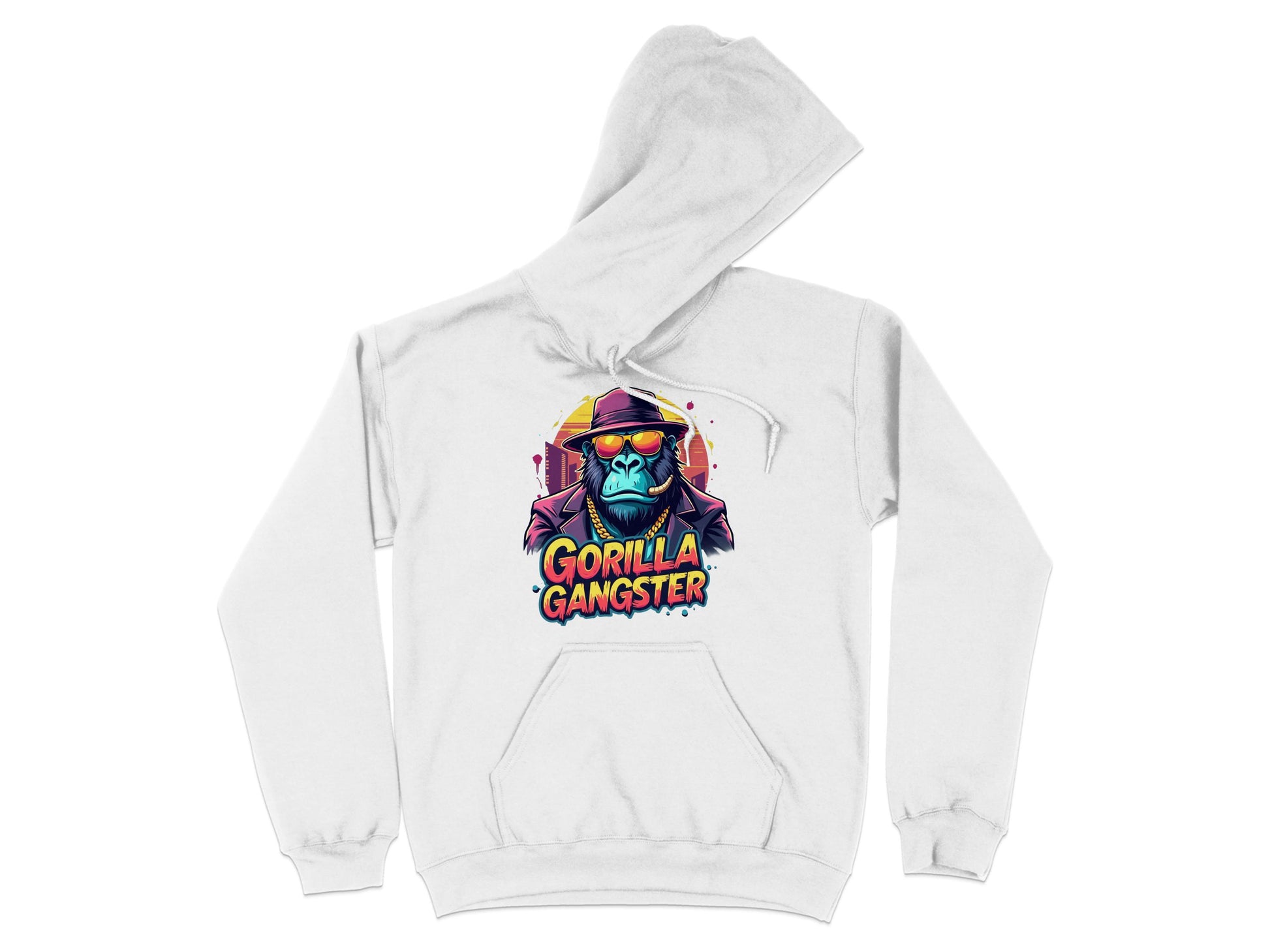 Garment Graphics white hoodie showcases a vibrant gorilla streetwear design wearing a hat and sunglasses, with Gorilla Gangster text beneath the image.