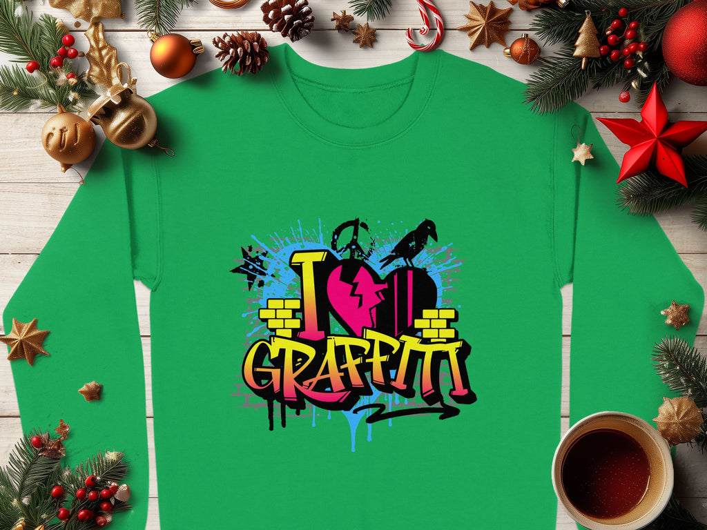 The Garment Graphics green sweatshirt features vibrant street art-themed graffiti text I Love Graffiti. Its displayed with pine branches, ornaments, and red star decorations on a wooden surface, alongside a partially visible mug of coffee.