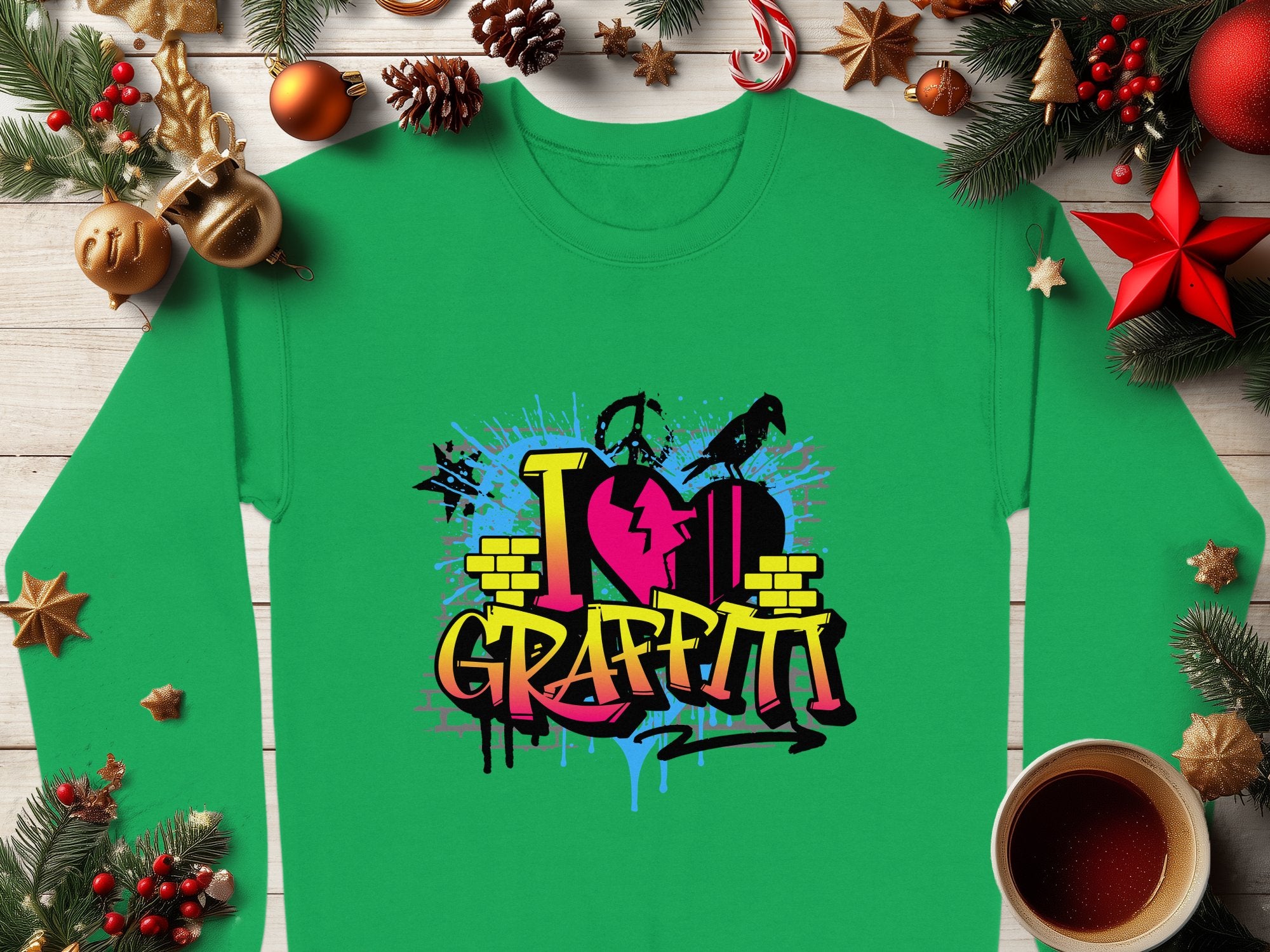 The Garment Graphics green sweatshirt features vibrant street art-themed graffiti text I Love Graffiti. Its displayed with pine branches, ornaments, and red star decorations on a wooden surface, alongside a partially visible mug of coffee.