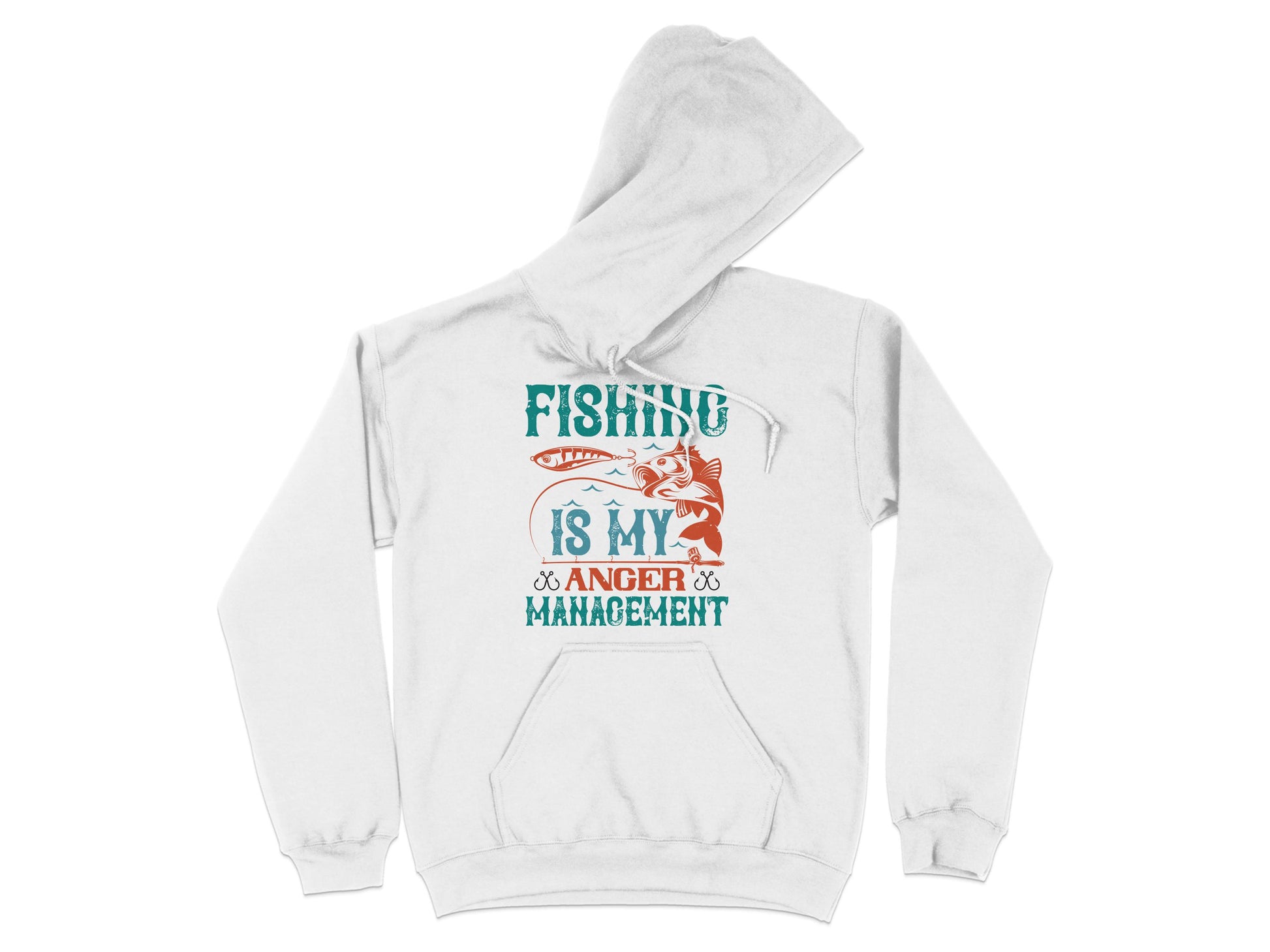 The Garment Graphics white hoodie, key for any anglers collection, displays Fishing is my anger management in bold blue and orange. Featuring a fish on a hook illustration, its ideal for those who find therapy in casting and catching.