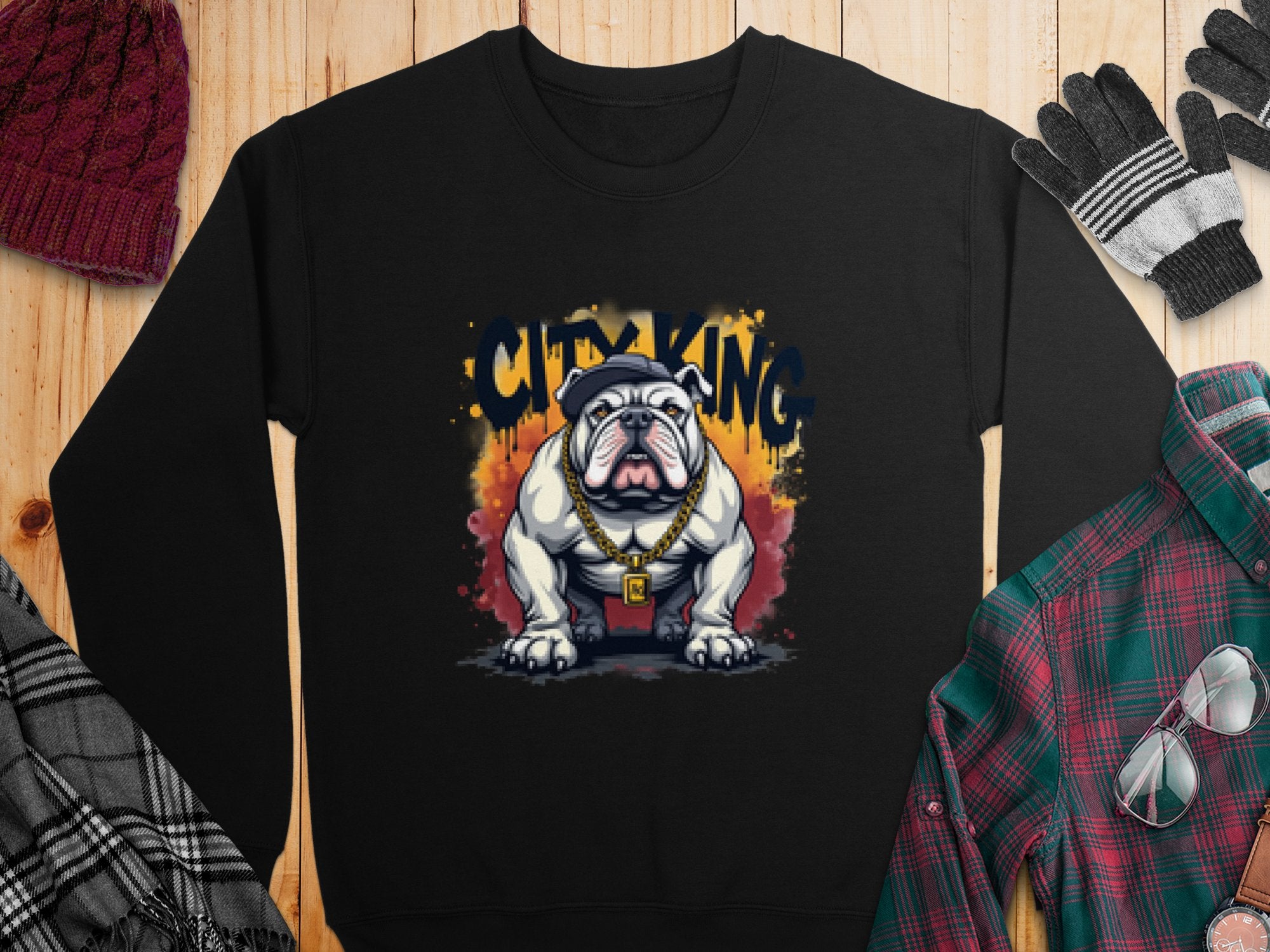 A black Bulldog Sweatshirt from Garment Graphics rests on a wooden surface, showcasing a bulldog in a gold chain with CITY KING above. Nearby lie a red knit hat, plaid shirt, and gray/black gloves and scarf.
