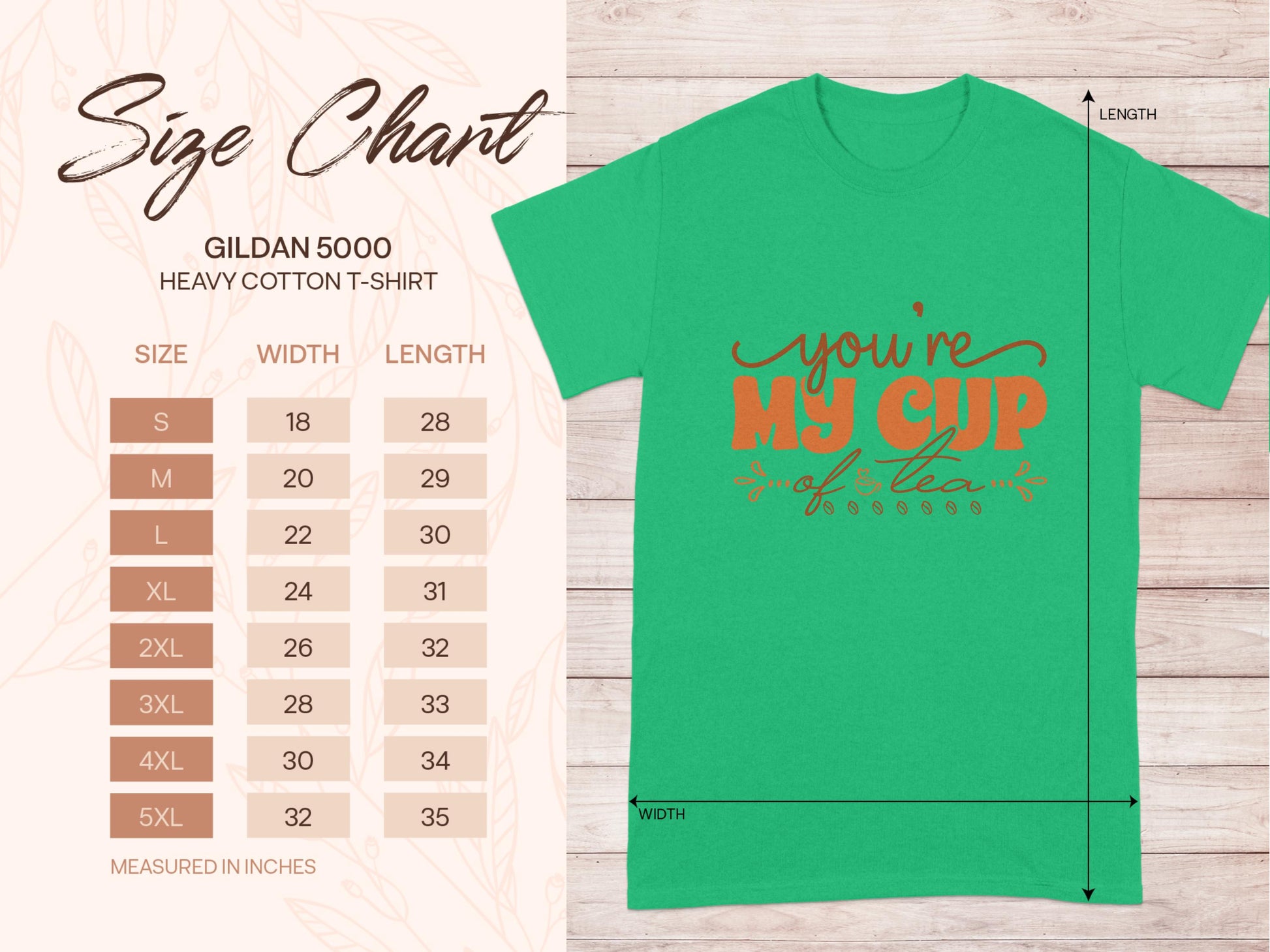 The Garment Graphics green graphic T-shirt is 100% cotton, featuring Youre My Cup of Tea in orange and pink. A Gildan 5000 heavy cotton T-shirt size chart is on the left, showing measurements for sizes S to 5XL in inches.