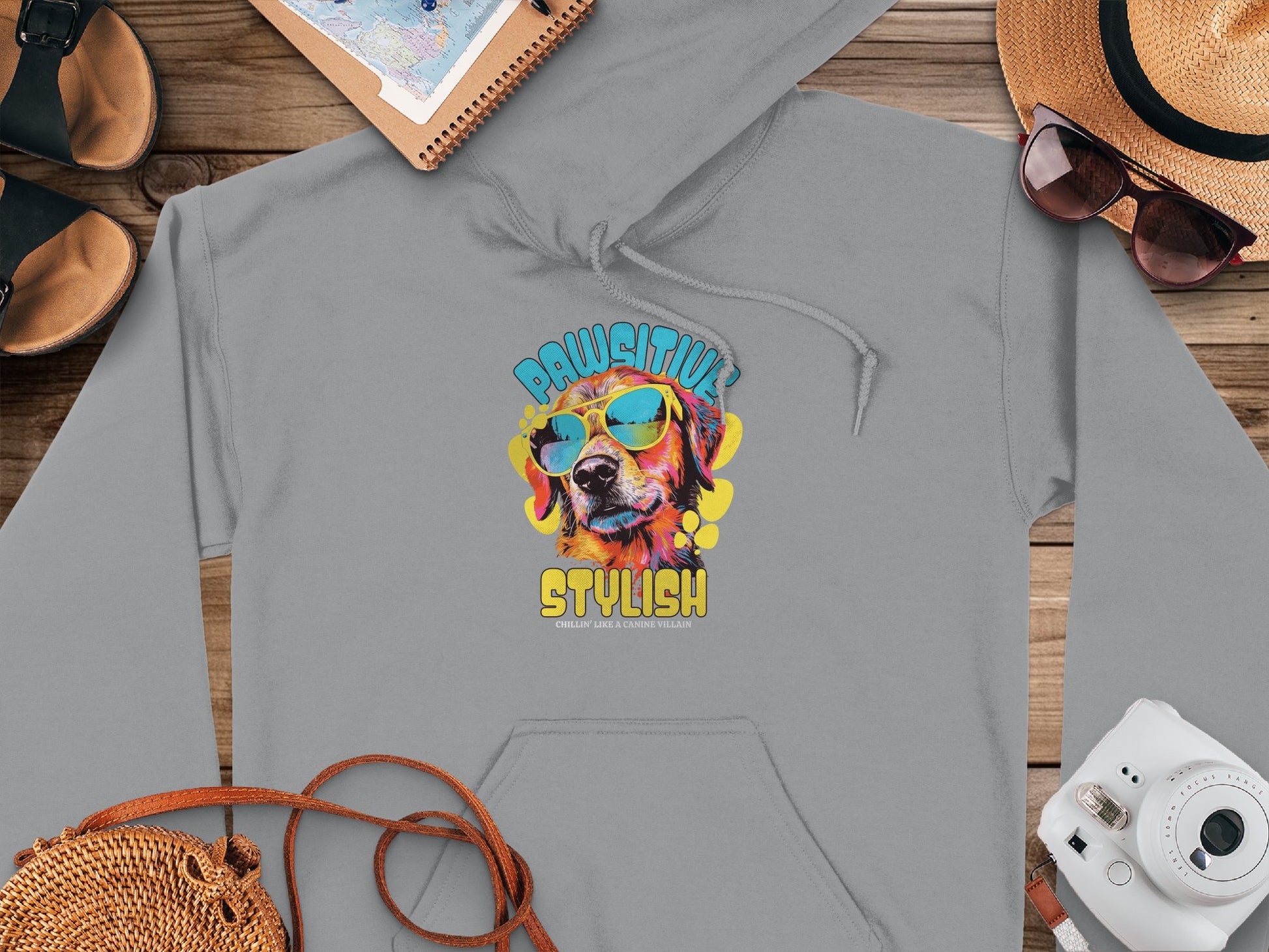 A gray hoodie from Garment Graphics features a playful design with a vibrant dog wearing sunglasses and the phrase Pawsitively Stylish, set among a camera, straw hat, sandals, sunglasses, and notebook on a wooden surface.