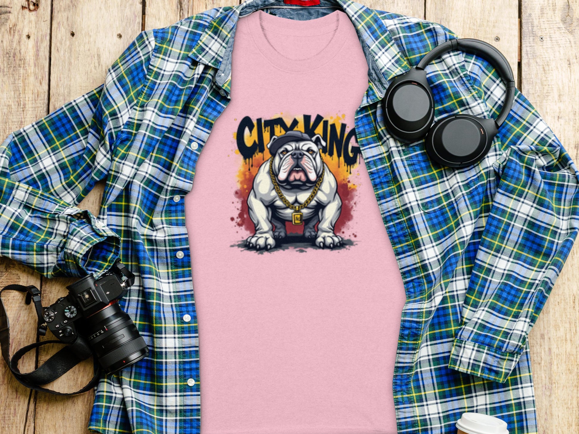 A stylish pink T-shirt with Garment Graphics iconic bulldog and City King design is layered under a blue and green plaid shirt. Nearby, a camera, headphones, and a small jar with a black lid complete this unique ensemble on the wooden surface.