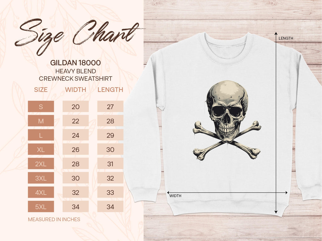 The size chart for Garment Graphics Gildan 18000 heavy blend crewneck sweatshirt, a bold choice, shows sizes S to 5XL with width and length in inches. A white graphic print sweatshirt features an iconic skull and crossbones. Measurements are clearly illustrated.