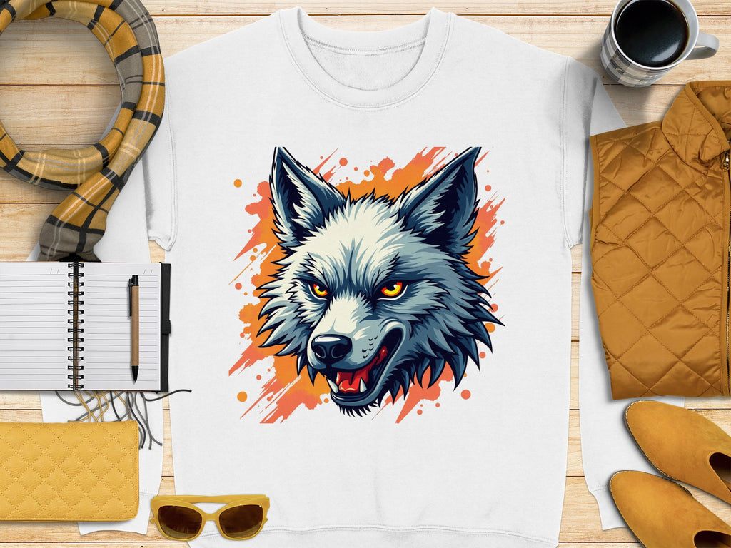 The Garment Graphics white t-shirt features a fierce wolf graphic with sharp yellow eyes and an open mouth, accented by bold orange splatters. Accompany it with a scarf, notebook, pen, yellow clutch, sunglasses, cup, and a yellow jacket for a bold look that embraces your wild side.
