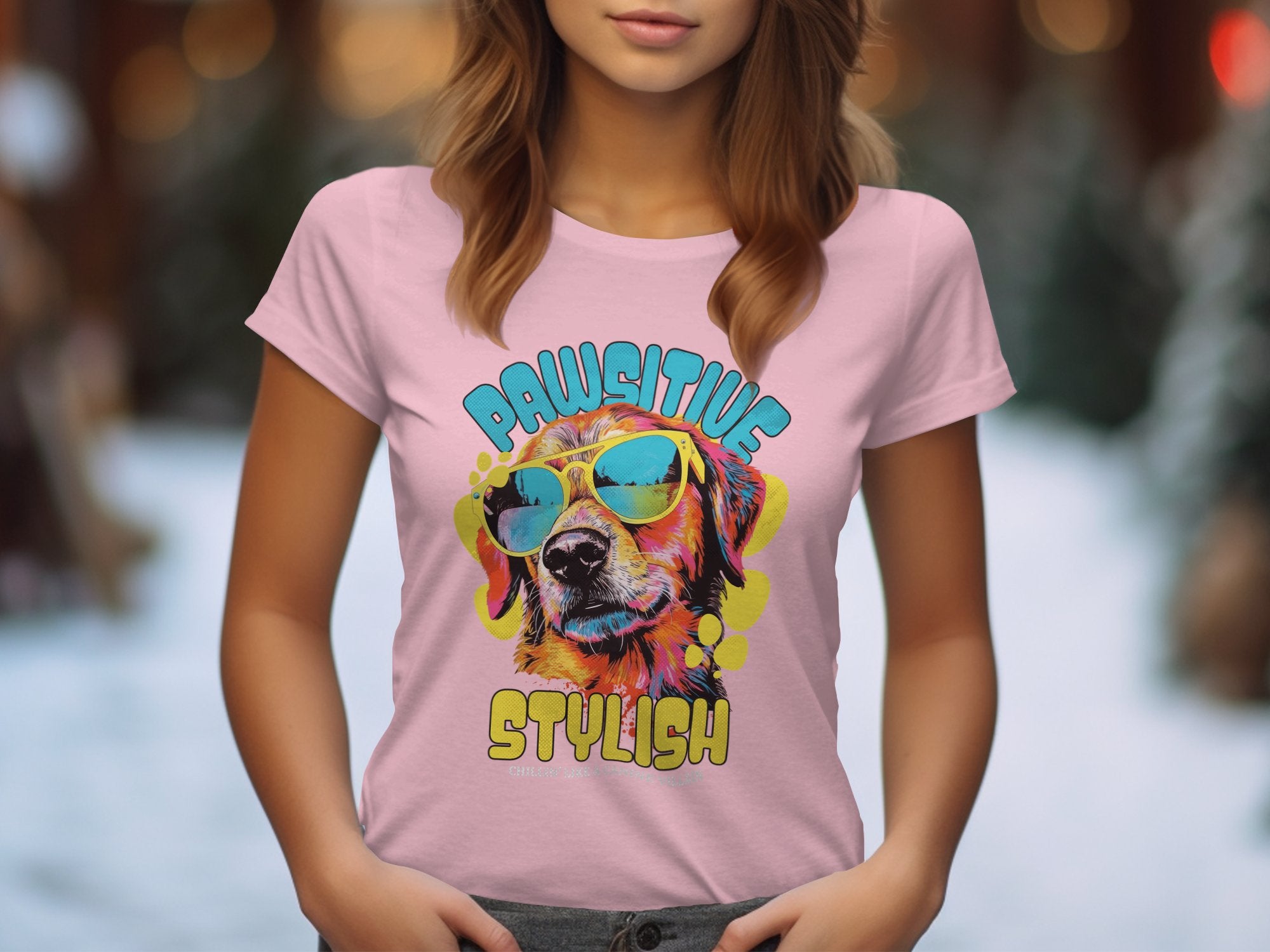 A person is wearing a vibrant pink dog t-shirt by Garment Graphics, featuring a playful pup in sunglasses and the phrase Pawsitive Stylish elegantly displayed. The womens sizing tee blends whimsy and style, with hints of trees and snow in the blurred background.